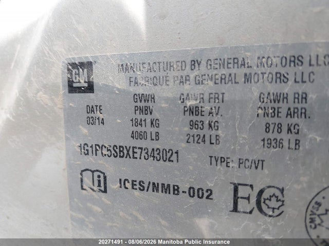 20271491 :رقم المزاد ، 1G1PC5SBXE7343021 vin ، 2014 Chevrolet Cruze Lt Turbo مزاد بيع