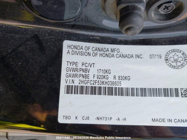 Honda Civic Lx 2019 2HGFC2F53KH036605 Image 9