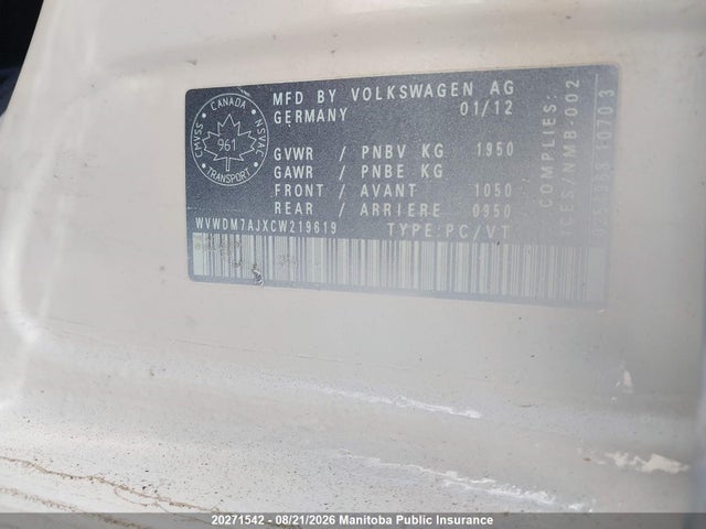 Aukcja sprzedaży 2012 Volkswagen Golf 2.0 Tdi, vin: WVWDM7AJXCW219619, numer aukcji: 20271542