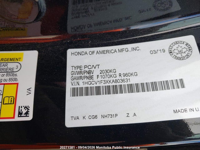 20271581 :رقم المزاد ، 1HGCV1F3XKA803631 vin ، 2019 Honda Accord Sport مزاد بيع