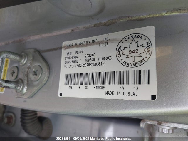 20271591 :رقم المزاد ، 1HGCP26708A803813 vin ، 2008 Honda Accord Ex مزاد بيع