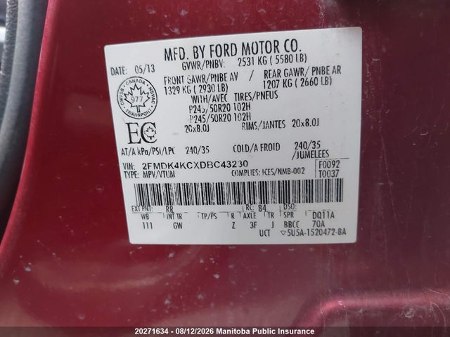 Aukcja sprzedaży 2013 Ford Edge Limited, vin: 2FMDK4KCXDBC43230, numer aukcji: 20271634