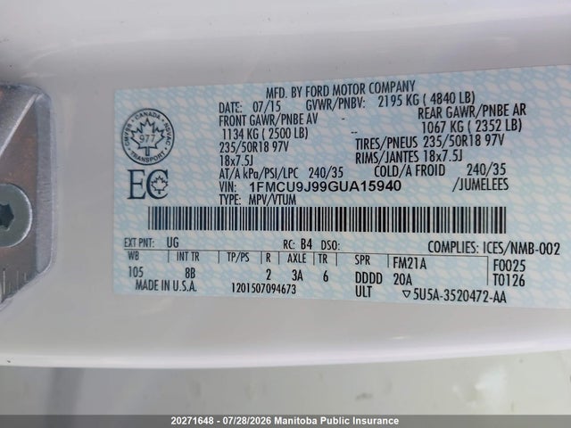20271648 :رقم المزاد ، 1FMCU9J99GUA15940 vin ، 2016 Ford Escape Titanium مزاد بيع