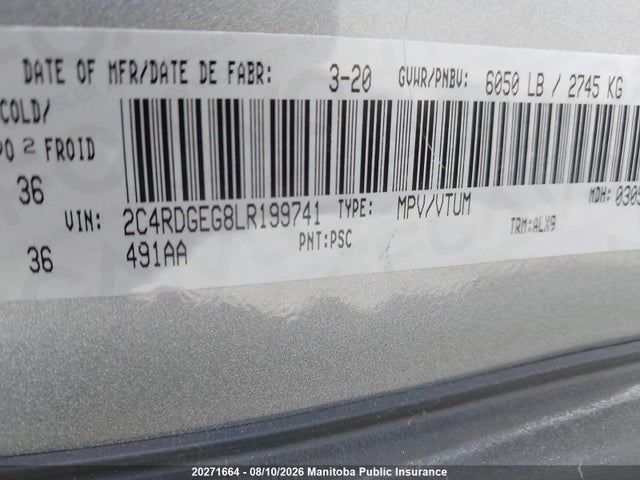 20271664 :رقم المزاد ، 2C4RDGEG8LR199741 vin ، 2020 Dodge Grand Caravan Gt مزاد بيع