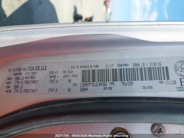 Продаж на аукціоні авто 2018 Dodge Ram 1500 Laramie Quad Cab, vin: 1C6RR7FT8JS184592, номер лоту: 20271700