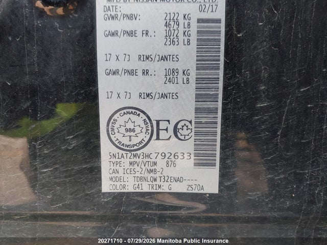 Aukcja sprzedaży 2017 Nissan Rogue Sv, vin: 5N1AT2MV3HC792633, numer aukcji: 20271710