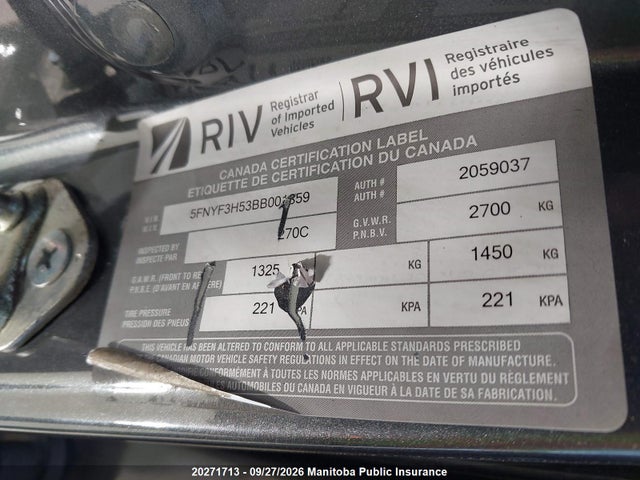 2011 Honda Pilot Ex-l მანქანა იყიდება აუქციონზე, vin: 5FNYF3H53BB001859, აუქციონის ნომერი: 20271713