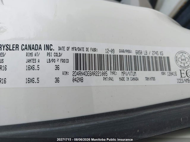 20271715 :رقم المزاد ، 2D4RN4DE6AR221005 vin ، 2010 Dodge Grand Caravan Se مزاد بيع