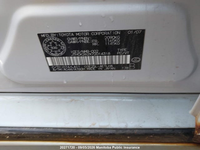 20271720 :رقم المزاد ، JTHCK262X72014318 vin ، 2007 Lexus Is 250 مزاد بيع