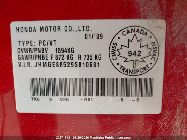 Продажа на аукционе авто 2009 Honda Fit Lx, vin: JHMGE88529S810681, номер лота: 20271743