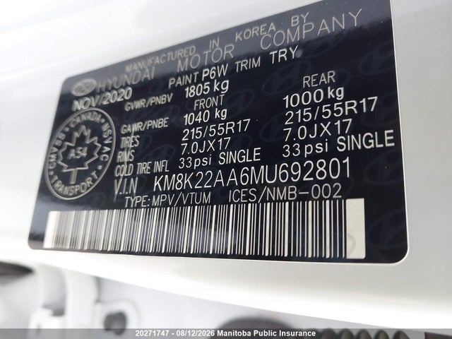 Продажа на аукционе авто 2021 Hyundai Kona Preferred, vin: KM8K22AA6MU692801, номер лота: 20271747