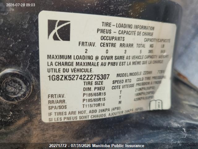 Продаж на аукціоні авто 2002 Saturn Sl2, vin: 1G8ZK52742Z275307, номер лоту: 20271772