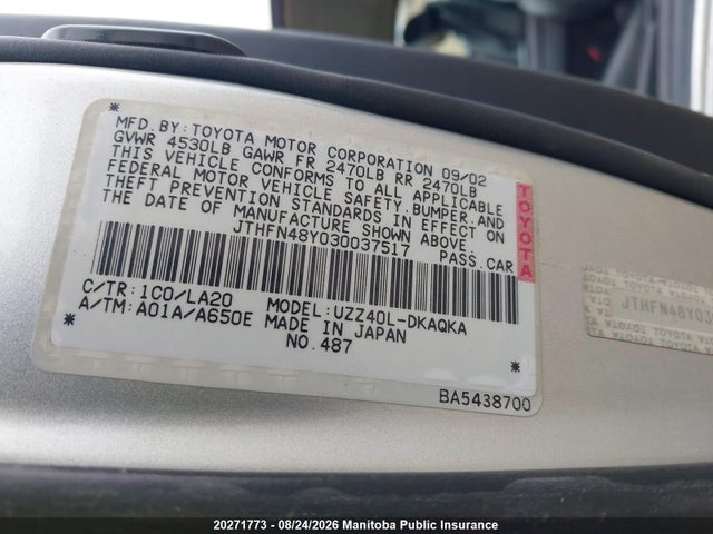 Aukcja sprzedaży 2003 Lexus Sc 430, vin: JTHFN48Y030037517, numer aukcji: 20271773