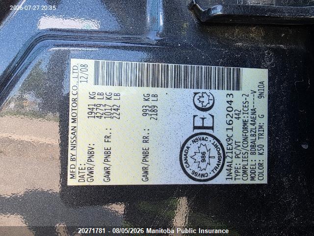 20271781 :رقم المزاد ، 1N4AL21EX9C162043 vin ، 2009 Nissan Altima 2.5 S مزاد بيع