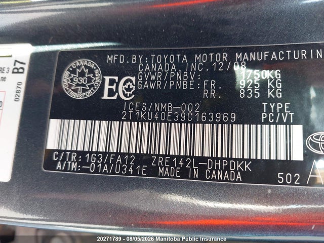 2009 Toyota Matrix მანქანა იყიდება აუქციონზე, vin: 2T1KU40E39C163969, აუქციონის ნომერი: 20271789