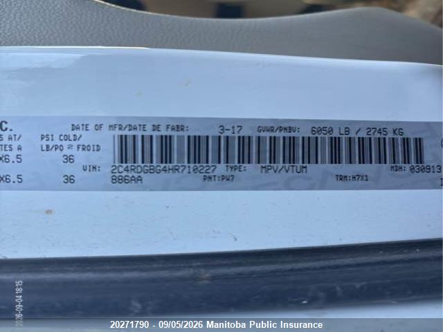 20271790 :رقم المزاد ، 2C4RDGBG4HR710227 vin ، 2017 Dodge Grand Caravan Sxt مزاد بيع