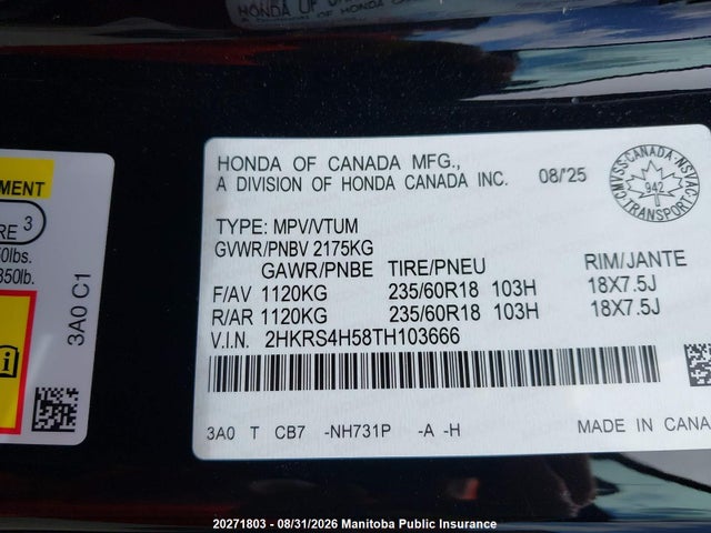 2HKRS4H58TH103666 Honda Cr-v Sport