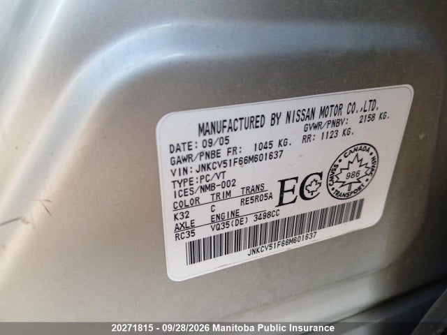 Aukcja sprzedaży 2006 Infiniti G35x Luxury, vin: JNKCV51F66M601637, numer aukcji: 20271815