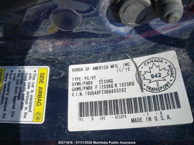 20271816 :رقم المزاد ، 19UUA9F2XBA800282 vin ، 2011 Acura 3.7 Tl مزاد بيع