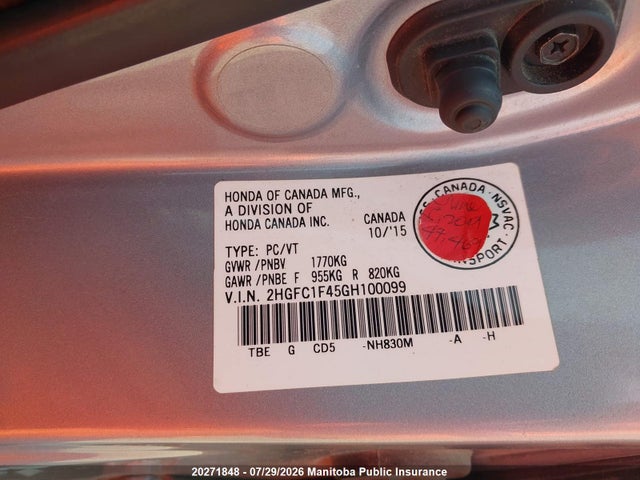 2HGFC1F45GH100099 Honda Civic Ex-t