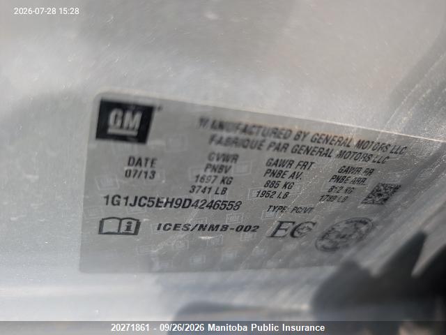 Aukcja sprzedaży 2013 Chevrolet Sonic Lt, vin: 1G1JC5EH9D4246558, numer aukcji: 20271861