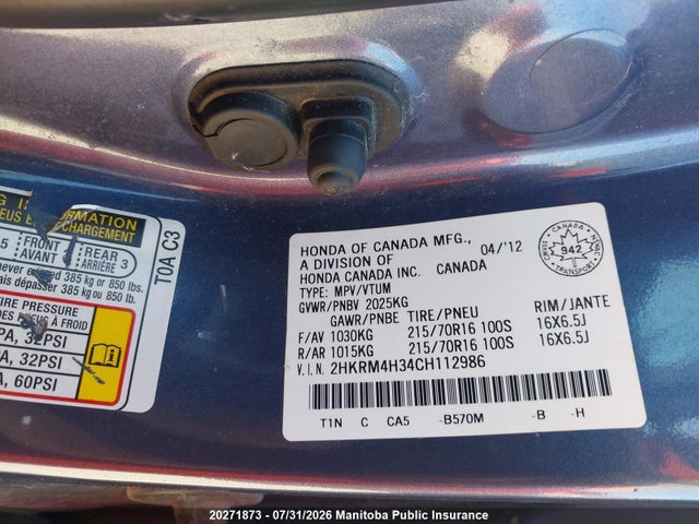 Aukcja sprzedaży 2012 Honda Cr-v Lx, vin: 2HKRM4H34CH112986, numer aukcji: 20271873