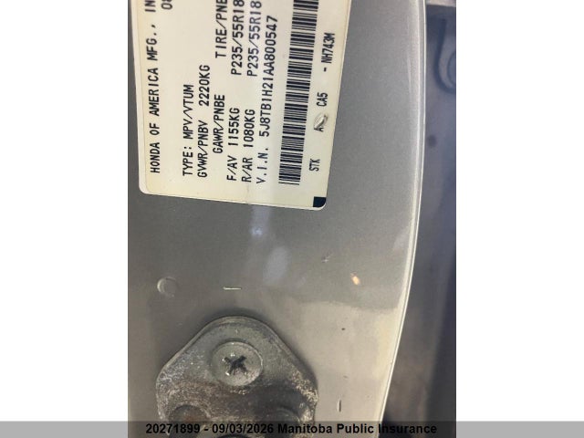 20271899 :رقم المزاد ، 5J8TB1H21AA800547 vin ، 2010 Acura Rdx مزاد بيع
