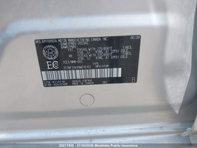 Продаж на аукціоні авто 2009 Toyota Rav4, vin: 2T3BF33VX9W016103, номер лоту: 20271908