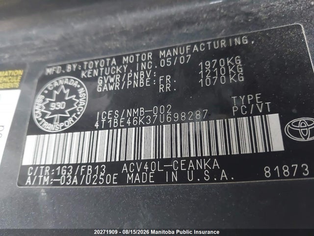 20271909 :رقم المزاد ، 4T1BE46K37U698287 vin ، 2007 Toyota Camry Le مزاد بيع