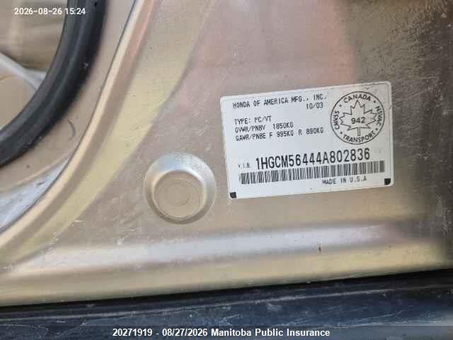 2004 Honda Accord Lx მანქანა იყიდება აუქციონზე, vin: 1HGCM56444A802836, აუქციონის ნომერი: 20271919
