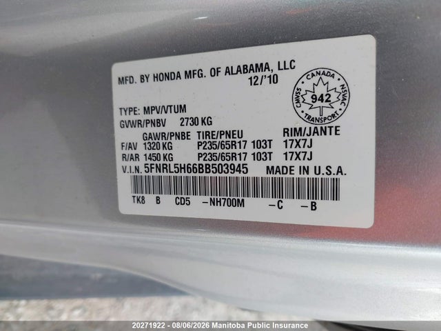 20271922 :رقم المزاد ، 5FNRL5H66BB503945 vin ، 2011 Honda Odyssey Ex-l مزاد بيع