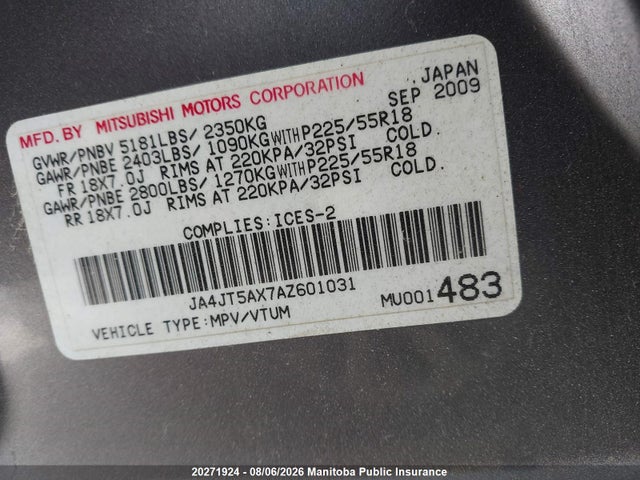 20271924 :رقم المزاد ، JA4JT5AX7AZ601031 vin ، 2010 Mitsubishi Outlander Xls مزاد بيع