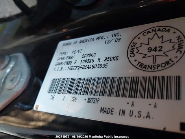 Продажа на аукционе авто 2010 Honda Accord Ex-l, vin: 1HGCP2F84AA803635, номер лота: 20271972