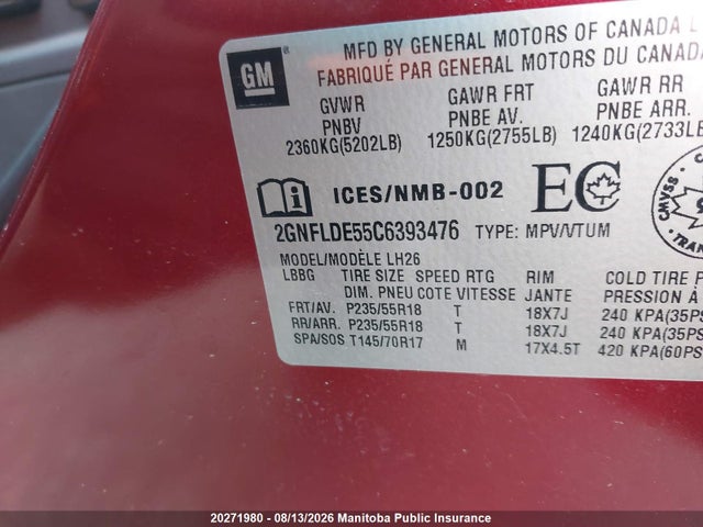 Auction sale of the 2012 Chevrolet Equinox Lt V6, vin: 2GNFLDE55C6393476, lot number: 20271980