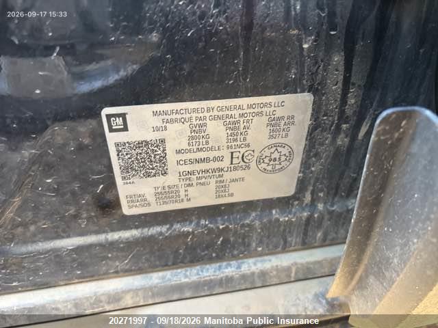 Chevrolet Traverse Lt 2019 1GNEVHKW9KJ180526 Image 9