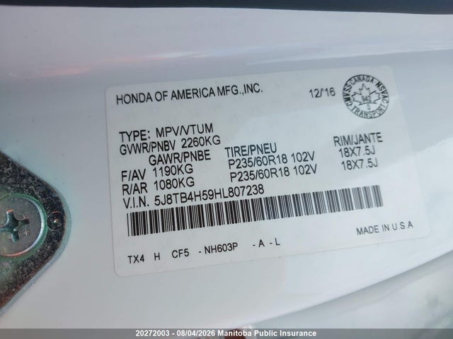 Продажа на аукционе авто 2017 Acura Rdx, vin: 5J8TB4H59HL807238, номер лота: 20272003
