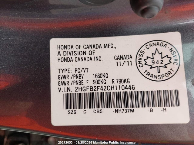 Продажа на аукционе авто 2012 Honda Civic Lx, vin: 2HGFB2F42CH110446, номер лота: 20272053