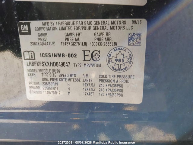 2017 Buick Envision Turbo მანქანა იყიდება აუქციონზე, vin: LRBFXFSXXHD049647, აუქციონის ნომერი: 20272058