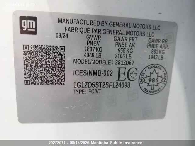 Aukcja sprzedaży 2025 Chevrolet Malibu Lt, vin: 1G1ZD5ST2SF124098, numer aukcji: 20272071