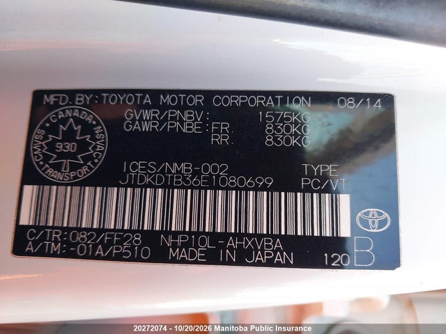 JTDKDTB36E1080699 Toyota PRIUS C