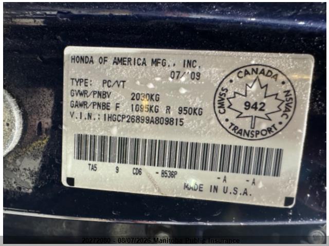 Aukcja sprzedaży 2009 Honda Accord Ex, vin: 1HGCP26899A809815, numer aukcji: 20272080
