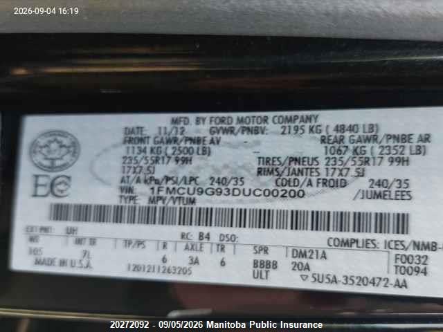Продажа на аукционе авто 2013 Ford Escape Se, vin: 1FMCU9G93DUC00200, номер лота: 20272092