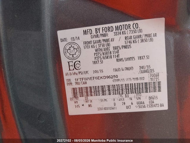 20272102 :رقم المزاد ، 1FTFW1EF6EKD96250 vin ، 2014 Ford F150 Xlt Supercrew مزاد بيع