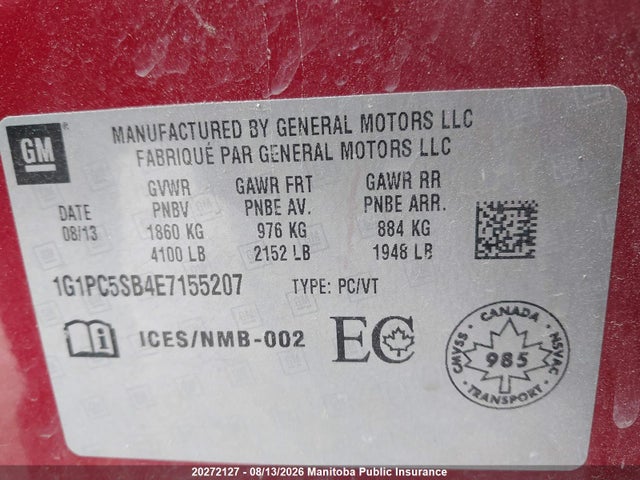 2014 Chevrolet Cruze Lt Turbo მანქანა იყიდება აუქციონზე, vin: 1G1PC5SB4E7155207, აუქციონის ნომერი: 20272127