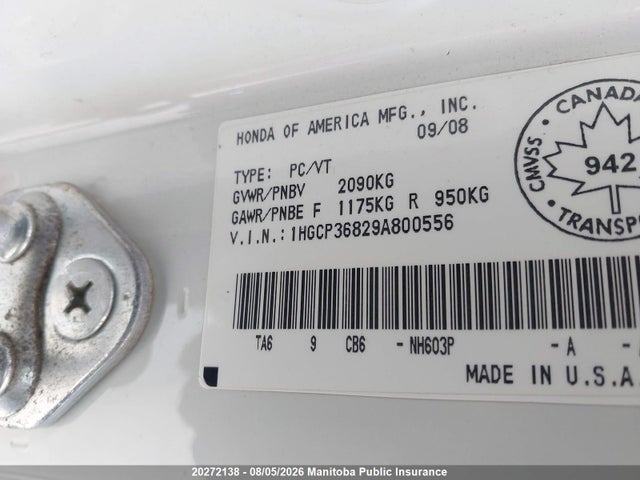 Aukcja sprzedaży 2009 Honda Accord Ex-l V6, vin: 1HGCP36829A800556, numer aukcji: 20272138