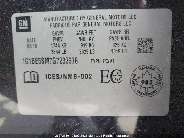 20272140 :رقم المزاد ، 1G1BE5SM7G7232578 vin ، 2016 Chevrolet Cruze Lt Turbo مزاد بيع