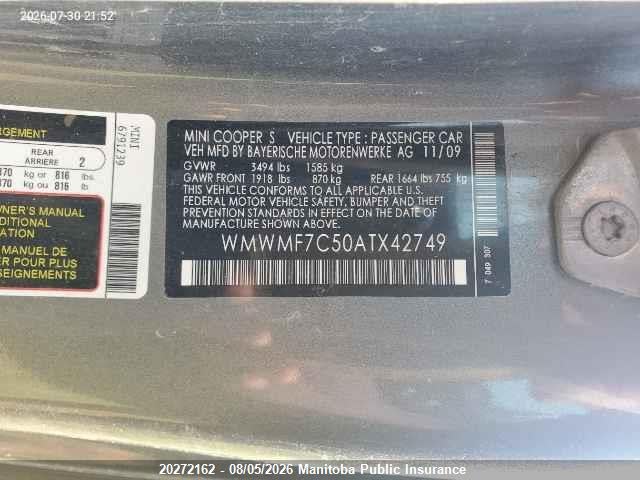 Aukcja sprzedaży 2010 Mini Cooper S, vin: WMWMF7C50ATX42749, numer aukcji: 20272162