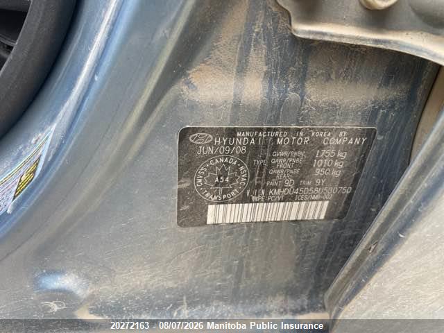 20272163 :رقم المزاد ، KMHDU45D58U530750 vin ، 2008 Hyundai Elantra Gl مزاد بيع