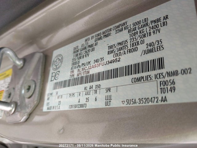20272171 :رقم المزاد ، 5LMCJ2A93FUJ34952 vin ، 2015 Lincoln Mkc مزاد بيع