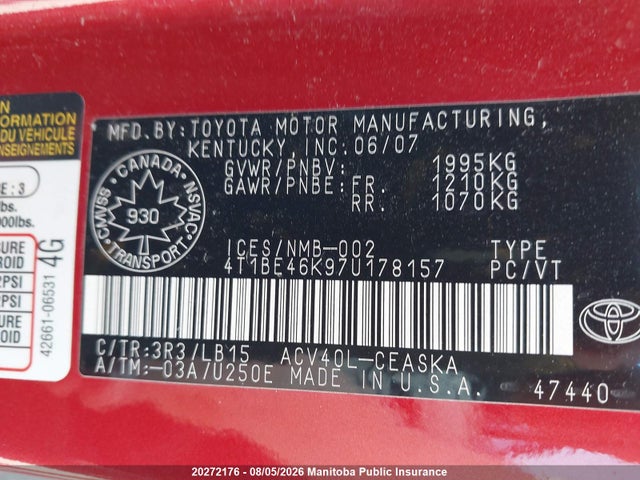 Продажа на аукционе авто 2007 Toyota Camry Se, vin: 4T1BE46K97U178157, номер лота: 20272176